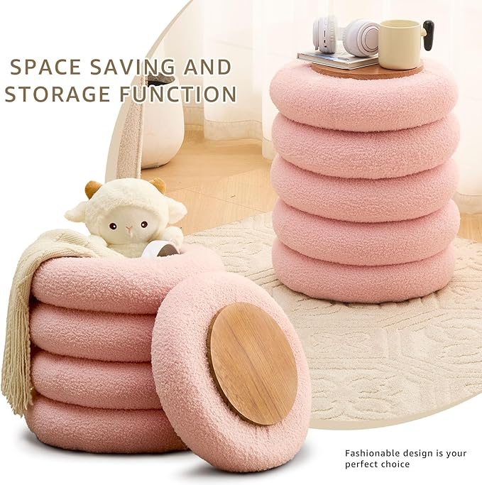Wimarsbon Round Storage Ottoman, Modern Sherpa Footstool, Teddy Vanity Stool with Flip-Top Tray, Makeup Chair for Home Decor, Upholstered Footrest for Living Room & Bedroom (Pink S)