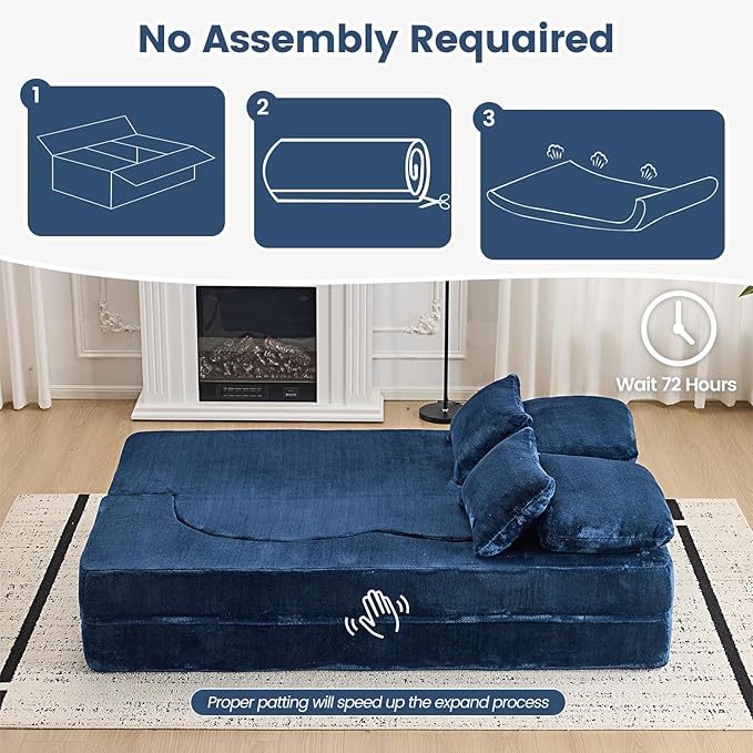 Orynveela Convertible Folding Sofa Bed, 78” Full Size Floor Sleeper Couch, Chenille Full Foam Futon Loveseat for Living Room Bedroom, No Assembly Required (Deep Blue)