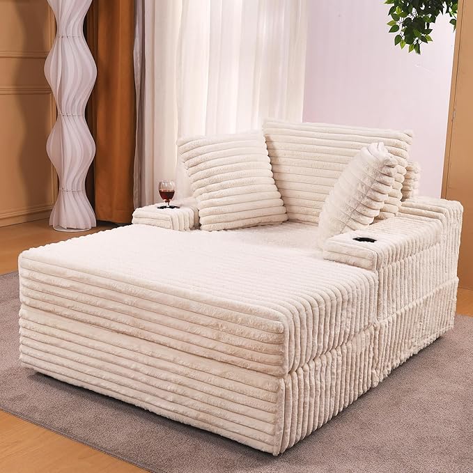 GarveeHome Oversized Chaise Lounge Chair Indoor with Storage Ottoman, Upholstered Corduroy Sofa Bed Cloud Couch with 3 Pillows, Single Sleeper Sofa, Reading Gaming Chair for Living Room, Bedroom