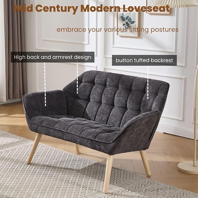 48" Small Couches for Living Room, Mid Century Modern Loveseat with Wood Legs 2-Seat Chenille Upholstered Sofa Tufted Couches for Small Space, Apartment, Dorm, Dark Gray