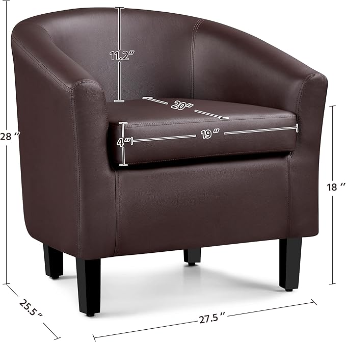 Yaheetech Leather Club Chair, Faux Leather Accent Chair, Modern Living Room Armchair with Wood Legs and Padded Seat for Bedroom Reception Room, Espresso