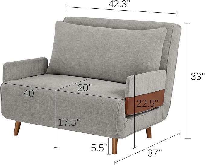 CITTANEO 42" Convertible Sleeper Chair, 3-in-1 Chair Bed Sleeper for Adults with Adjustable Backrest, Pillow & Wooden Arms, Loveseat Sofa Bed for Apartment, Office, Medium Gray