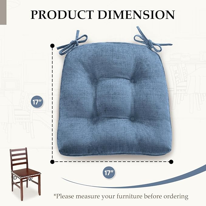 HARBOREST Chair Cushions for Dining Chairs Set of 6 - Chenille Tufted Kitchen Chair Cushions with Ties and Non-Slip Bottom, Foam Chair Pads for Dining Chairs, 17" x 17", Blue