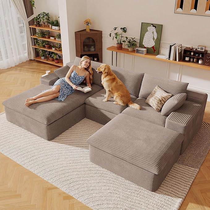 107" Cloud Sectional Couch with U-Shaped Chaise,Corduroy Viral Boneless Sofa with Ottoman,Memory Foam Couches in a Box with Deep Seat for Living Room,No Assembly Required (Camel,Left-Facing Chaise)