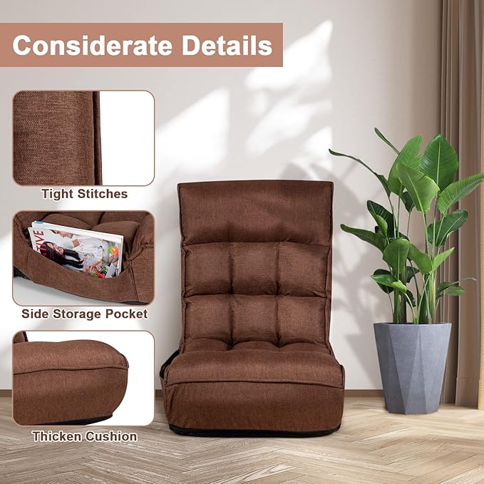 MAT EXPERT Folding Floor Chair, Floor Gaming Chair w/ 4-Position Backrest, 5-Position Adjustable Headrest, Side Pocket, Indoor Floor Chair w/Back Support for Bedroom, Living Room (Coffee)