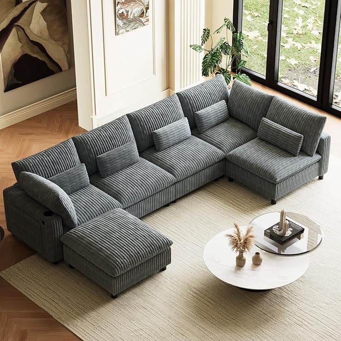 130" W x 67" D U Shape Sectional Sofa with USB Charging & Cup Holder & Storage, 6 Seater Plush Corduroy Couches with Movable Ottoman, Cloud Couch Sofas for Living Room, DIY Combination - Dark Grey