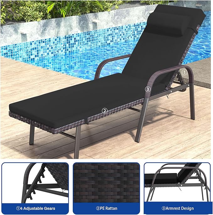 Trumbeak Patio Chaise Lounge Set 3 Pieces Pool Lounge Chairs,Cushioned Outdoor Folding Lounge Chair w/Arm and Rattan Adjustable Backrest for Poolside Porch,Folding Table Included,Black