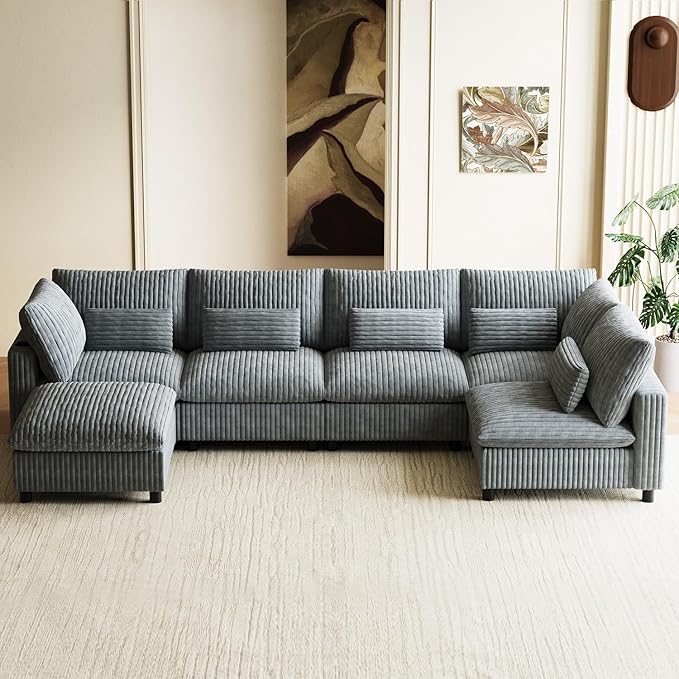 130" W x 67" D U Shape Sectional Sofa with USB Charging & Cup Holder & Storage, 6 Seater Plush Corduroy Couches with Movable Ottoman, Cloud Couch Sofas for Living Room, DIY Combination - Dark Grey