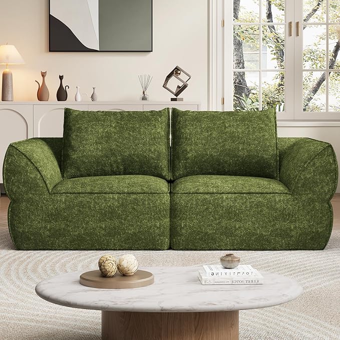 76.4" Cloud Loveseat Sofa, Deep Seat Couch with Pillows, Modern Comfortable Upholstery Boneless Sofa, 1 Piece for Living Room, Bedroom, Apartment, Removable Cover，No Assembly Required, Algae Green