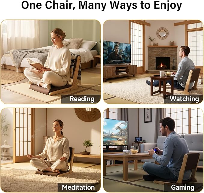 Tiita Foldable Tatami Chair, Japanese loor Chair, Wood Legless Back Rest Chairs with Cushion, Accent Meditation Floor Chairs Bay Window, Wood Brown