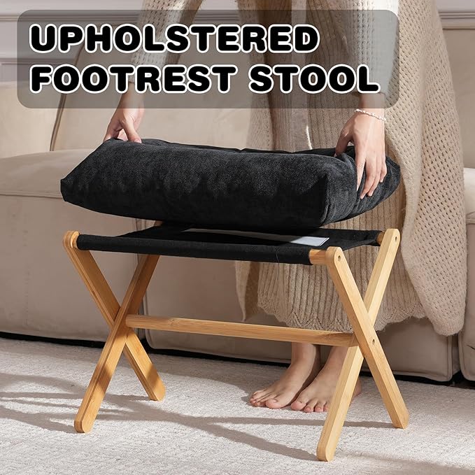 Ottoman Foot Rest- Bamboo Foldable Stool, Foot Stools Small Ottman with Upholstered & X Legs, Folding Stool for Makeup, Bedroom and Living Room (Black)