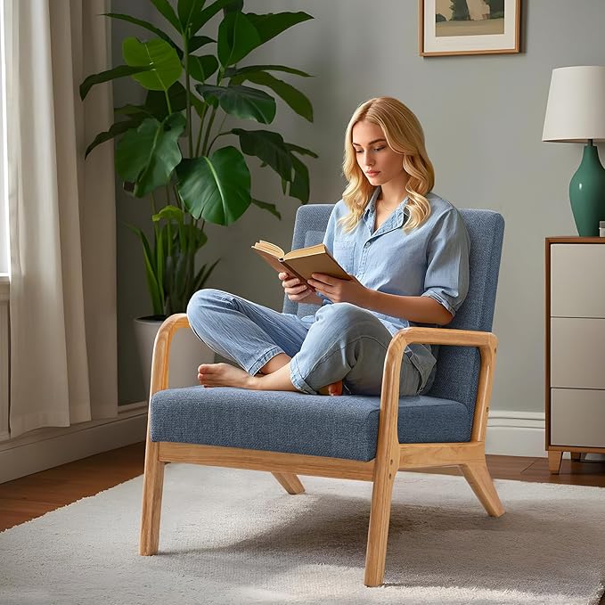 ELUCHANG Mid-Century Modern Accent Chair with Lumbar Pillow,Upholstered Armchair,Linen Fabric Comfy Reading Chair, Lounge Side Chair for Living Room Bedroom Apartment,Easy Assembly(Blue,2pcs)