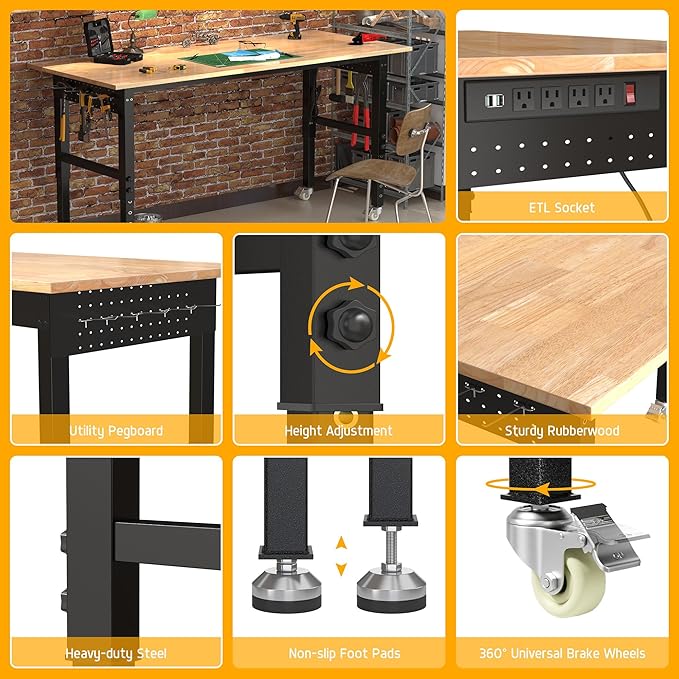 70’’ Work Bench Adjustable Workbench Heavy Duty Work Table with Power outlets, Pegboard, Wheels and Foot Pads, 2000 Lbs Capacity Hardwood Work Benches for Garage, Workshop, Office, Home