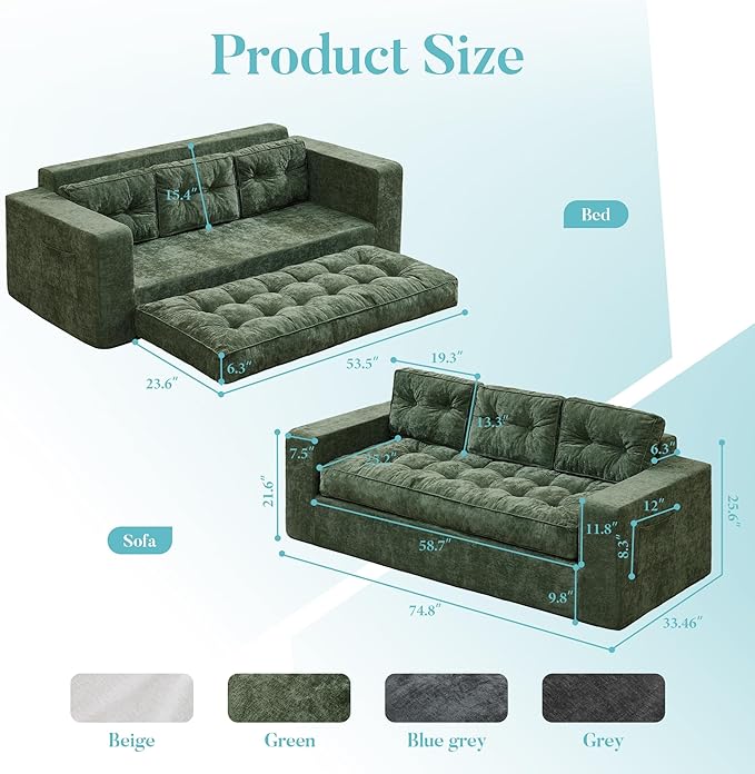 Hobestluk 3-Seater Sofa Boneless Couch with Tufted Button Design 2 in 1 Comfy Cloud Couch Oversized Sofa for Living Room Bedroom Apartment or Office (Green, 3 Seater)