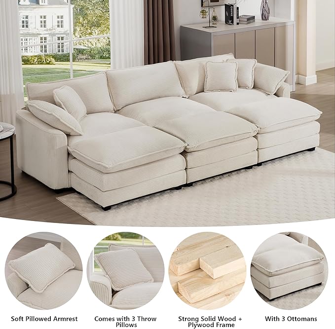 Aoowow Corduroy 3 Seater Sleeper Couch with Ottomans,Large Cloud Couches for Living Room,Tufted Modular Sectional Cloud Sofas Deep Seat,Oversized Chaise Lounge Sofa (Beige, 3 Seater + 3 Ottoman)