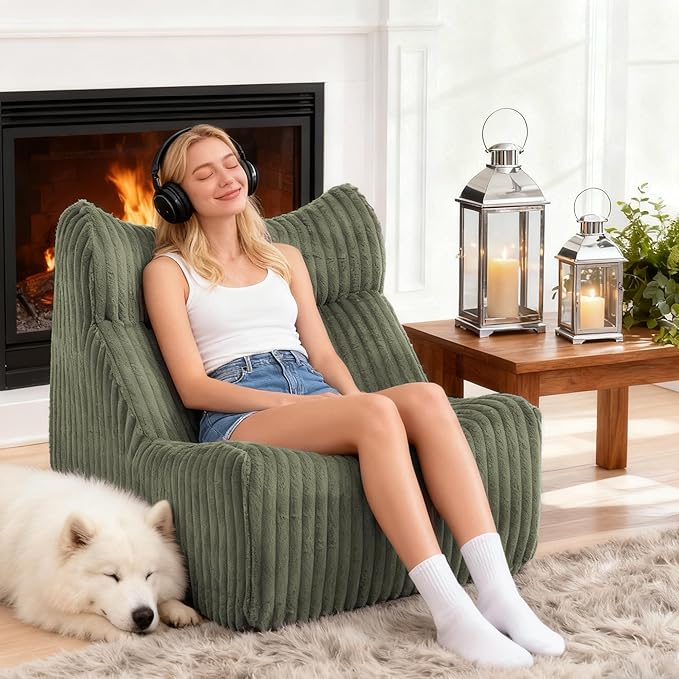 Bean Bag Chairs, Giant Bean Bag Chair for Adults, Memory Foam Lounge Chair, Comfy Lazy Floor Chair, Bean Bag Sofa for Living Room, Bedroom and Office, Single Bean Bag (Dark Green)