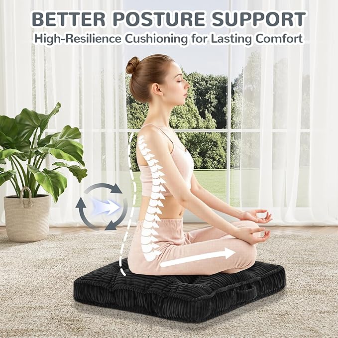 PRIMEPATIO Square Floor Pillow for Adults, Tufted Floor Cushion for Sitting, Large Meditation Cushion, Thick Corduroy Seat with Handle, Tatami Seating for Yoga, 22x22 Inch Dark Grey, 1Pack