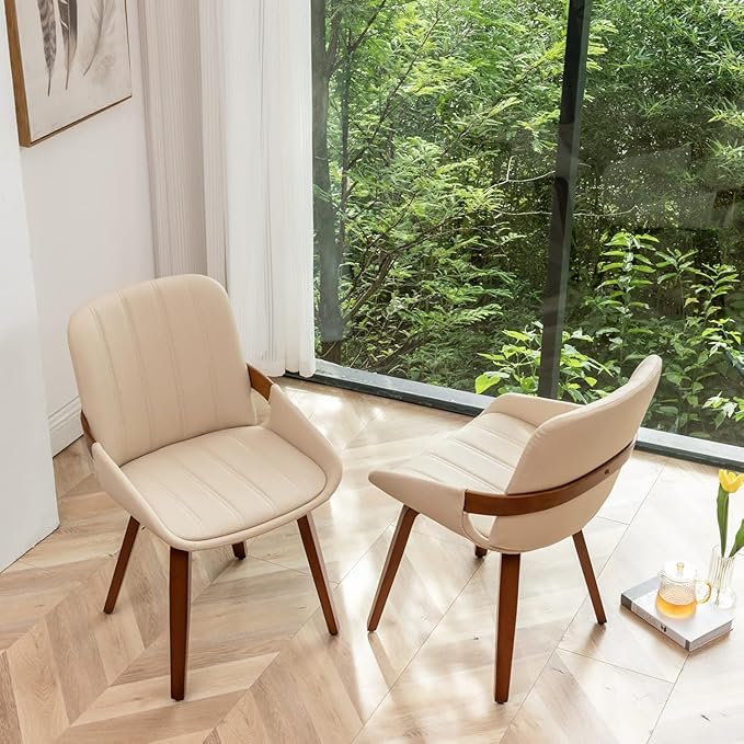 YOUUGIOR Mid Century Modern Faux Leather Upholstered Dining Chairs,Armless Accent Chairs with Sturdy Natural Wood Legs,Bamboo Backrest Support for Kitchen&Dining Room Chairs(1PCS,Beige)
