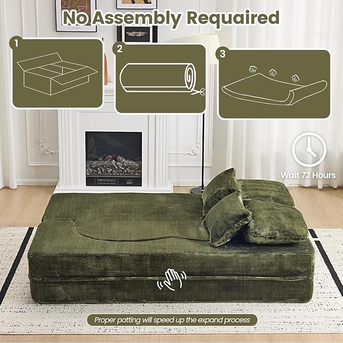 Orynveela Convertible Folding Sofa Bed, 78” Full Size Floor Sleeper Couch, Chenille Full Foam Futon Loveseat for Living Room Bedroom, No Assembly Required (Green)