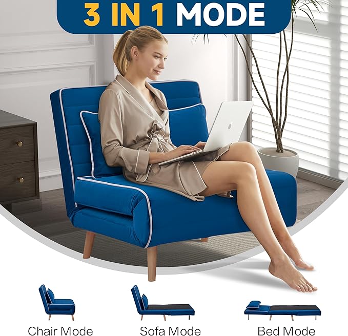 CITTANEO 2 Sets 32" Convertible Sleeper Chair, 3-in-1 Folding Sleeper Chair with Adjustable Backrest and Pillows, 2-Piece Sofa Bed Sets for Apartment, Office, Blue