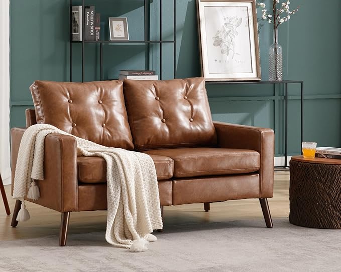 VESCASA 53" W Faux Leather Loveseat Sofa with Button Tufted Back, Mid Century Modern Upholstered 2 Seater Small Sofa Couch with Wood Legs, PU Leather Love Seats for Living Room/Bedroom, Caramel