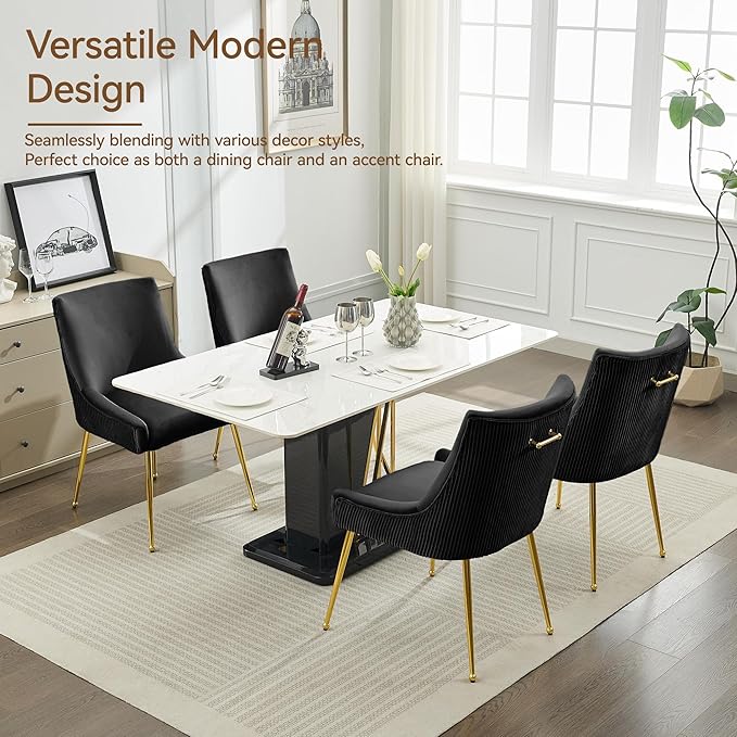 WUTUTUEE Velvet Dining Chairs Set of 6 Gold Legs,Upholstered Velvet Accent Chairs, Pleated Back Design & Gold Pull Handle, Mid Century Modern Chairs for Dining/Kitchen/Living Room,Black
