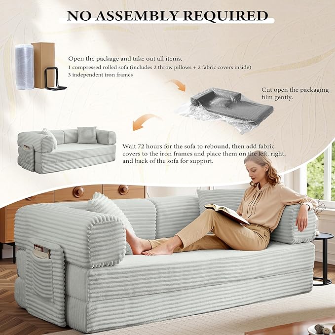 AUGOP Boneless Couch Folding Couches for Living Room Sofa, Futon Sofa Bed with Sleeper Sofa, Futon Couch with Fixed-Shape Oversized Corduroy Upholstered (Light Grey, 81 Inches)