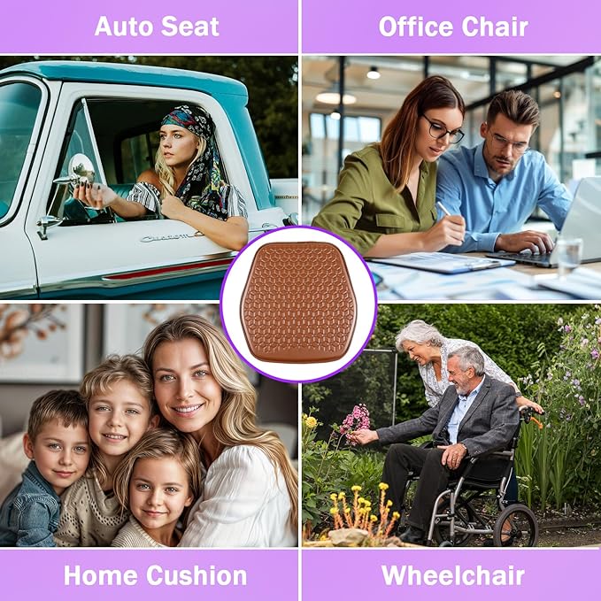 Binsheo Thin Gel Seat Cushion for Car Seat, Office Chair, Wheelchair, Golf Cart - Non-Slip Car Seat Cushions with 0.7 Inch Gel - Sciatica & Coccyx Pain Relief (Leather, Brown)
