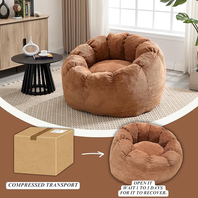 LukeAlon Corduroy Bean Bag Chair with Filler & Petal Armrest - Fluffy Floor Sofa Chair for Adults, 44"×44"×26" - Cozy Seating for Bedroom, Living Room, Game Room (Brown)