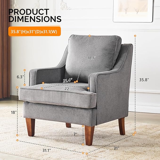 VINGLI Mid-Century Modern Accent Chair, Light Grey Upholstered Armchair Comfy Sofa Chair Reading Chair High Back for Living Room Bedroom Furniture Apartment