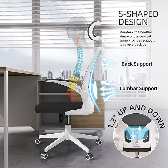 Office Chair Ergonomic Desk Chair with Lumbar Support&Headrest&Flip-up Arms Height Adjustable Rocking Swivel High Computer Chair Multi-Angle from 90° to 125° with 350LBS Capacity (03White+Black)