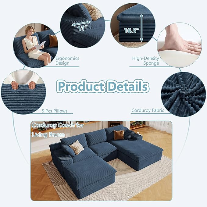 107" Cloud Sectional Couch with U-Shaped Chaise,Viral Corduroy Boneless Sofa with Ottoman,Memory Foam Couches in a Box with Deep Seat for Living Room,No Assembly Required (Blue,Right-Facing Chaise)