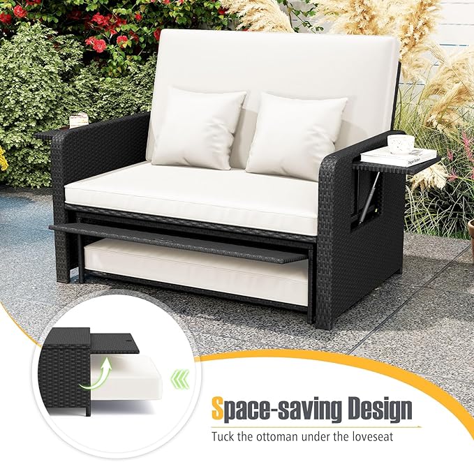 RELAX4LIFE Wicker Patio Outdoor Daybed - Rattan Day Bed Lounger w/Loveseat & Storage Ottoman, Sunbed Sofa Set w/Cushions, 4-Level Adjustable Backrest & 2 Retractable Trays, Patio Daybed (White-Black)