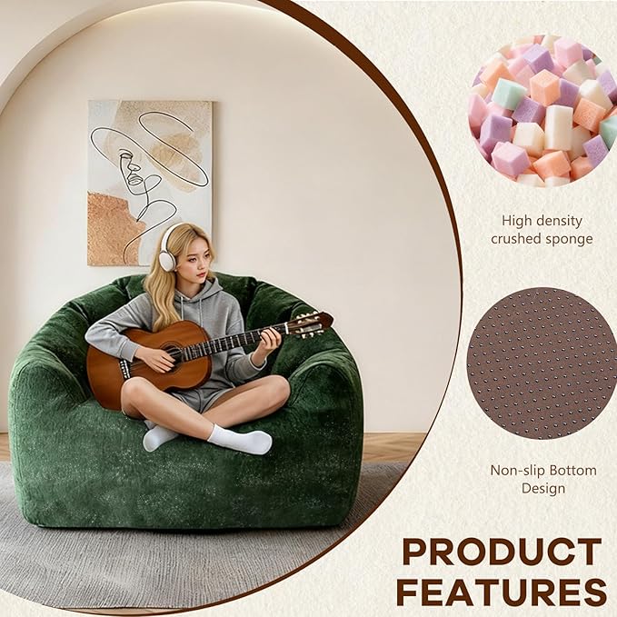 Giant Bean Bag Chair for Adults and Kids Oversized Faux Fur Shell-Shaped BonelessBeanBag Couch Filler with Memory FoamStuffed Big Accent Sofa for Living Room, Bedroom & Dorm (Green)