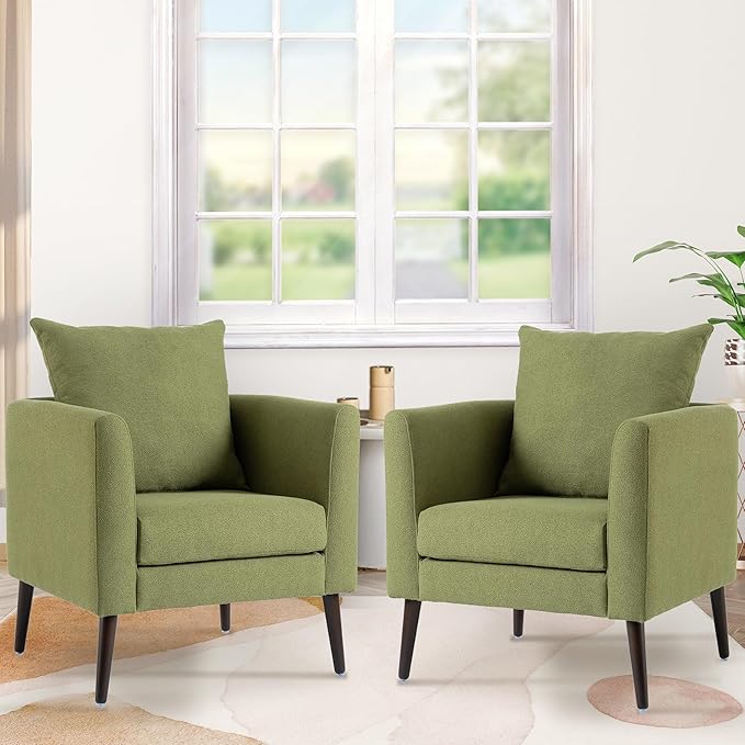 QKFF Barrel Accent Chair Set of 2 with Back Pillow, Large Upholstered Armchair with Solid Wood Legs Modern Reading Chairs for Living Room Bedroom