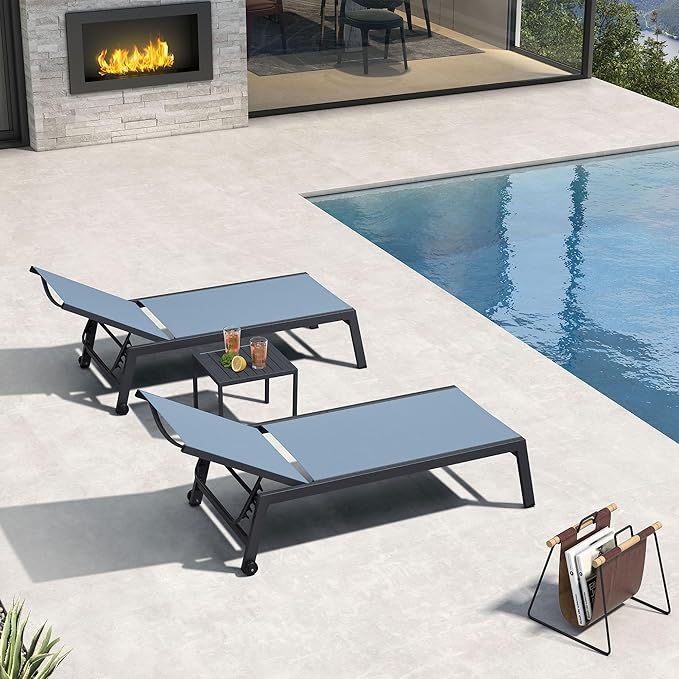 PURPLE LEAF Outdoor Chaise Lounge Set for 2 Oversized Pool Lounge Chairs with Easy-to-Move Wheels and Adjustable Backrest Extra Large Patio Loungers for Poolside Deck Beach Yard Table Included, Teal