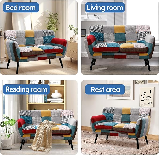 Bonzy Home Modern Boho Loveseat Couch Sofa Chair Set of 2 for Living Room Bedroom, Upholstered Colorful Plaid Fabric 2-Seat Love Seat Sofa with Wood Leg for Small Space