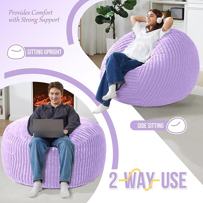 Homguava 3 FT Bean Bag Chair,3' Big Bean Bag,Large Bean Bag Chairs for Adults with Memory Foam Filled,Comfy Beanbag Chairs Soft Bean Bag Sofa with Dutch Corded Plush Cover-Purple