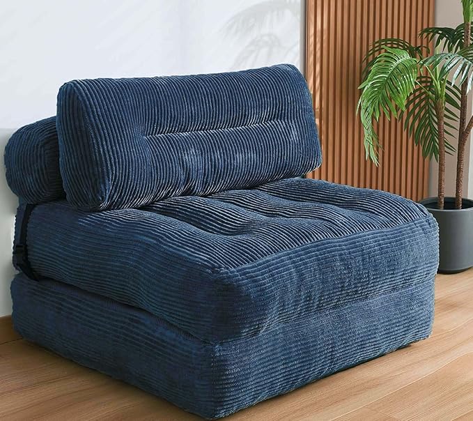 Kisoy Folding Sofa Bed, Convertible Sleeper Chair Couch Bed Faux Rabbit Fur for Adults, with Back Support Floor Couch Comfy Floor Sofa for Living Room Bedroom, Blue, Single