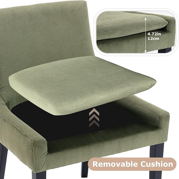 Dining Chairs Set of 2, Upholstered Corduroy Dining Room Chair with Wood Legs, Mid-Back Padded Kitchen Side Chairs for Dining Room, Green