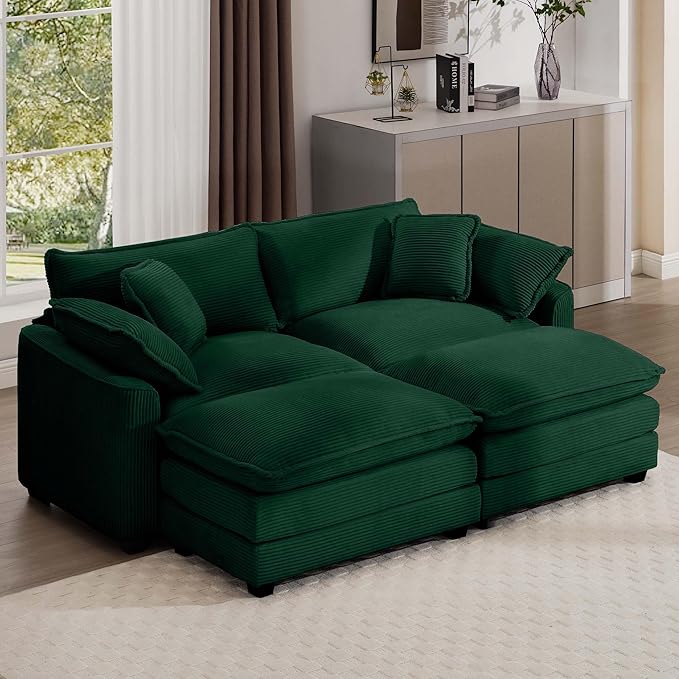 Aoowow Oversized Loveseat Couch with Ottomans,Modern Corduroy 2 Seater Cloud Couches for Living Room,Modular Sectional Cloud Sofas Deep Seat,Double Lounger Sleeper Sofa