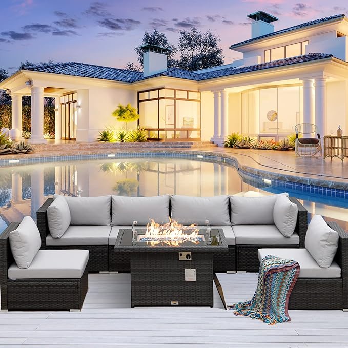 RADIATA 7 Piece Wicker Patio Furniture Set with Fire Pit, All-Weather Outdoor Sectional Couch High Back Large Size, Modular Backyard Seating Sofa Set with Propane/Natural Gas Firepit Table, Light Grey