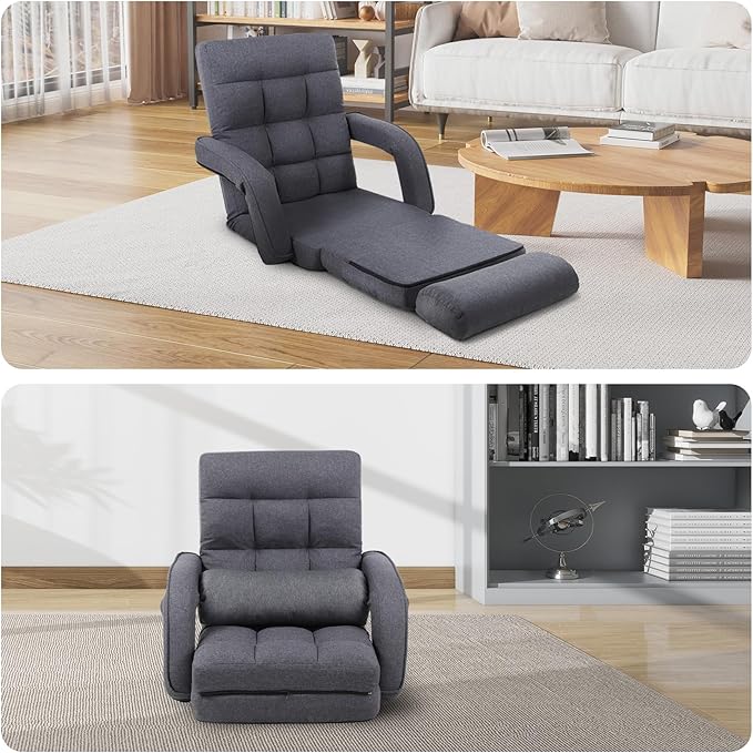 DeeLyan Indoor Floor Chair with Armrest and Pillow Folding Chaise Lounge Sofa 14-Position Adjustable Comfy Gaming Recliner Chair Padded Seats for Adults (Grey)
