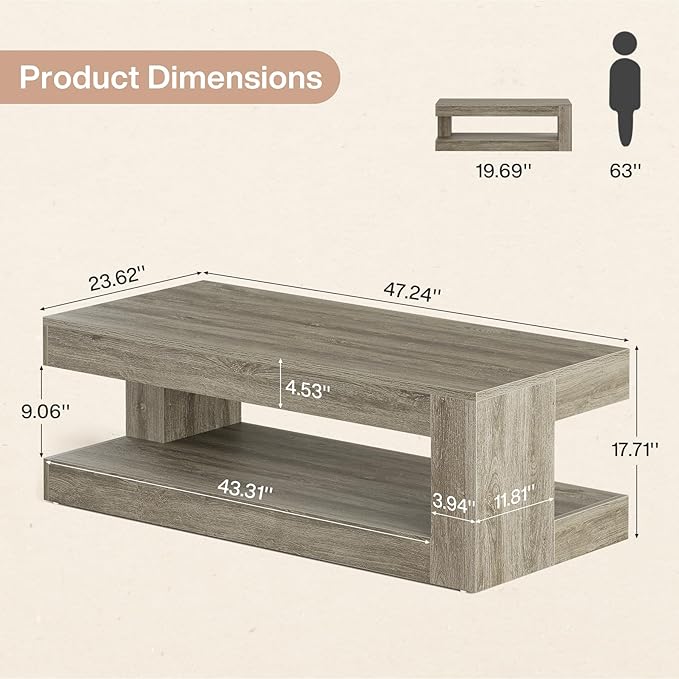 Tribesigns Coffee Table for Living Room, 47.24 Inch Farmhouse 2-Tier Accent Center Tea Cocktail Table with Storage, Elegant Grey, Rectangular