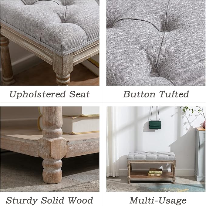 Farmhouse Storage Bench Wooden Entryway Linen Upholstered Ottoman Button Tufted Bench for Bedroom End of Bed Hallway Organizer, Grey, 32 Inch