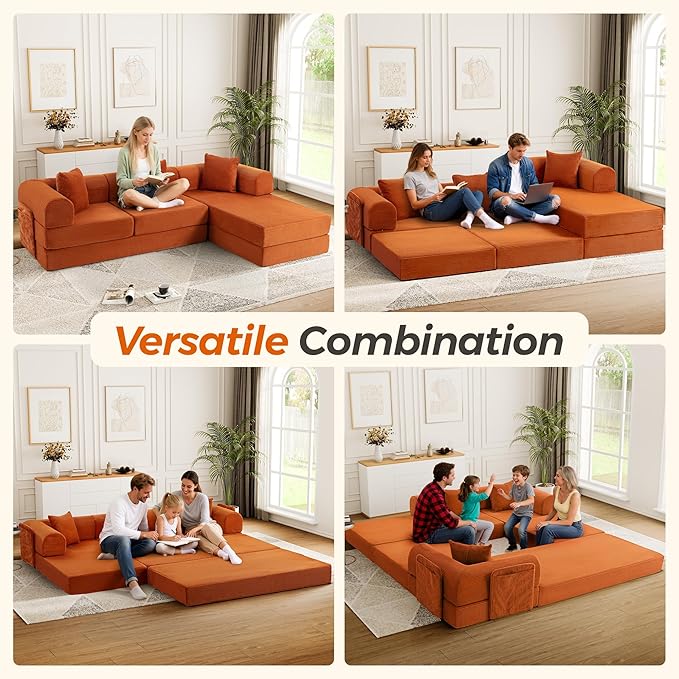 106.3" Oversized Convertible Sleeper Sofa Bed, L Shape Modular Sectional Cloud Sofa with Fixed-Shape Frame, Boneless Couch with Storage Pocket for Living Room, No Assembly Required, Orange