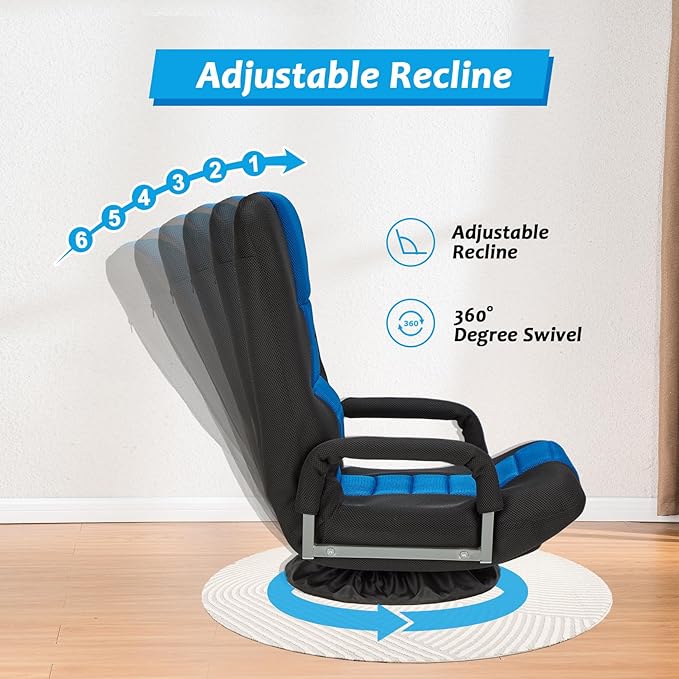 360 Rotating Swivel Gaming Chair w/6 Adjustable Positions Backrest Foldable Floor Chairs Suitable for Reading, Relaxing, Mediation,Blue