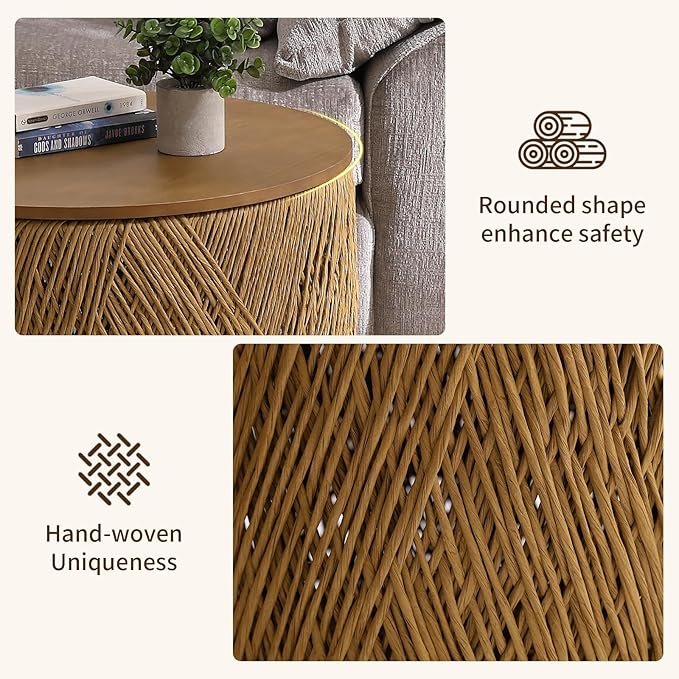LZAREAL Farmhouse Round Coffee Table with Storage Boho Living Room Table with Lifting Top Hand-Woven Rattan Nesting Coffee Tables for Living Room, Walnut