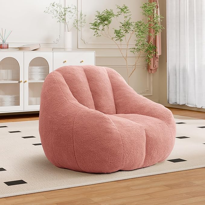 Setawix Bean Bag Chair with Filler, Comfy Teddy Bean Bag Chairs for Adults and Kids, Cozy BeanBag Sofa Fully Floor Couch with Memory Foam for Living Room Bedroom,Pink