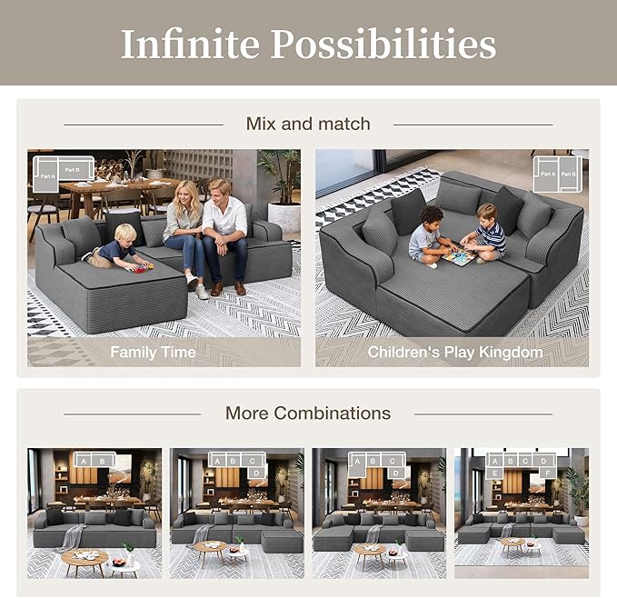 SUNSHINE VALLEY L Shaped Boneless Modular Cloud Couch, 133.5'' Oversized Corduroy Sectional Sofa for Living Room, 5-Seat Upholstered Modern Couch with Deep Seat, No Assembly Required, Grey